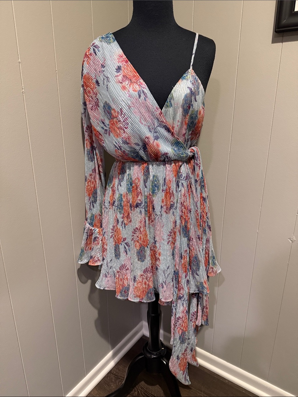 NBD Women’s Small Floral Asymmetrical One-Shoulder Dress in White Pink & Blue